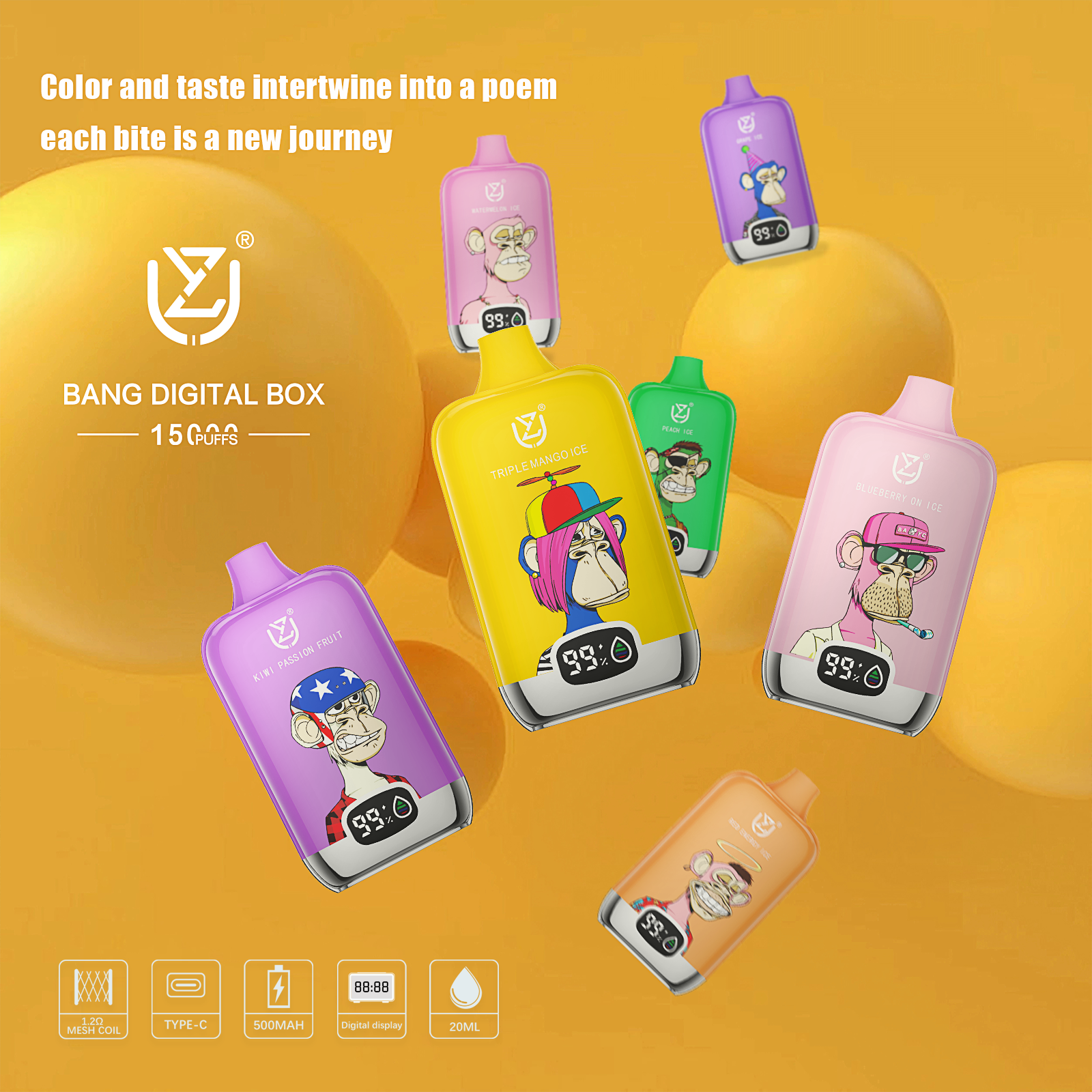 vapesterra.com UZY Bang DIgital 15K(15000) Puffs 2% 5% Nicotine LCD screen 20ml Pre-filled E-juice 850mAh Battery Disposable Vape