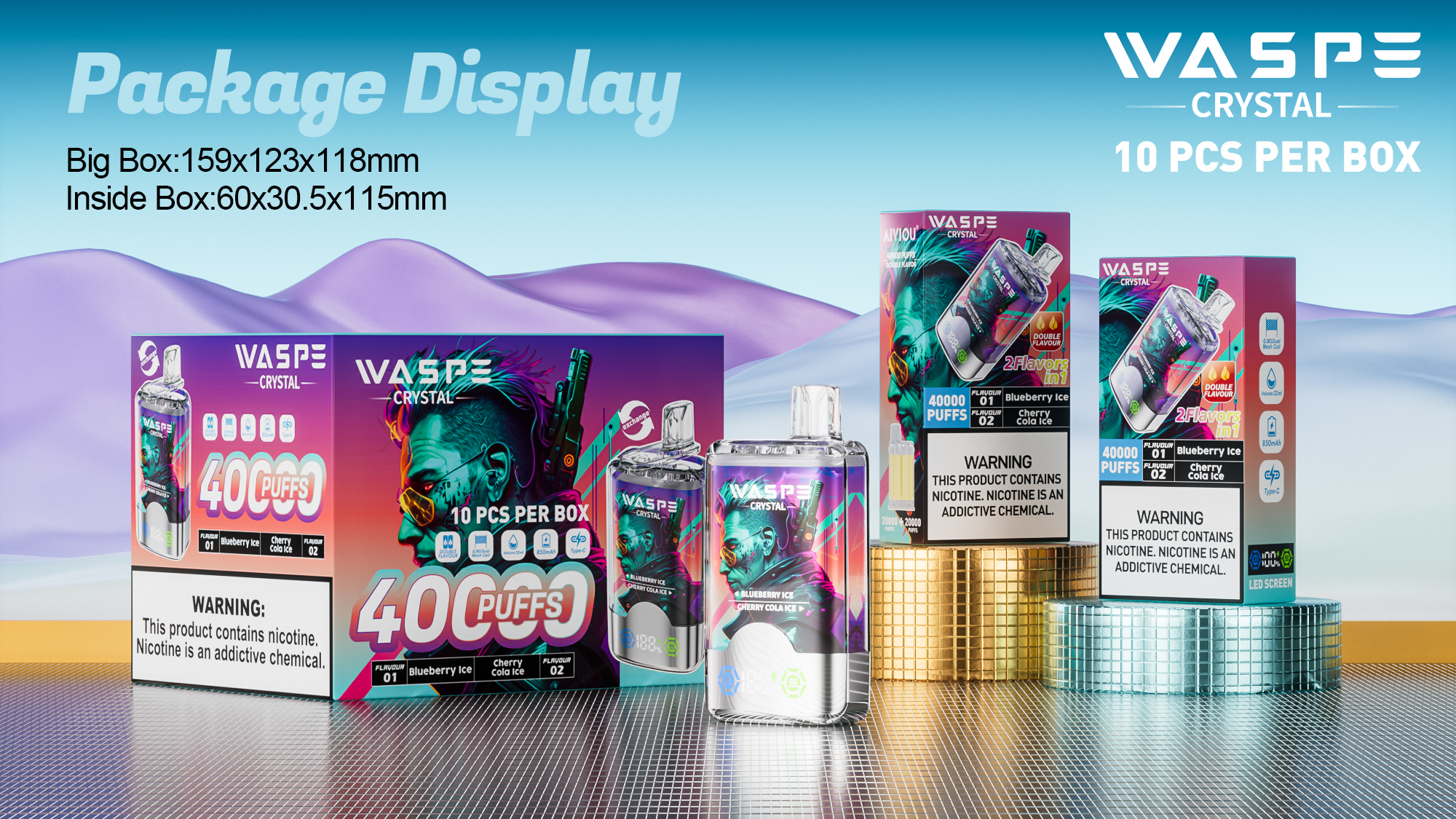 vapesterra.com WASPE Crystal Double Flavors 40K(40000) Puffs 32mL e-liquid 0% 2% or 5% Nicotine Smart LED Display Type-C charging Disposable Vape