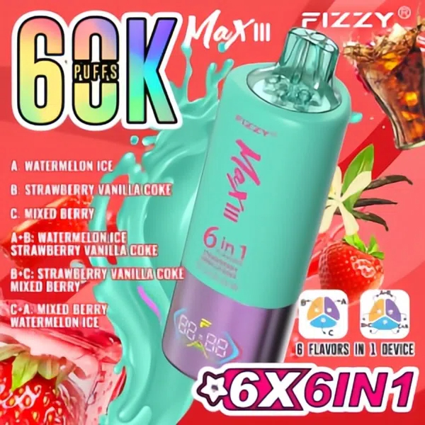 vapesterra.com Revolutionary Experience:Fizzy Max III Six-in-One Rechargeable Disposable Vape-A 60,000-Puff Journey to Bliss, Unlocking 6 Mysterious Flavor Universes!